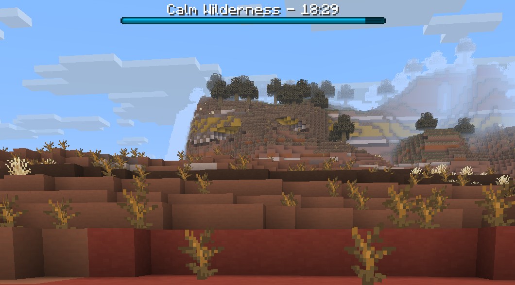 Expedition countdown bar reading Calm Wilderness with 18:29 remaining, above a red mesa