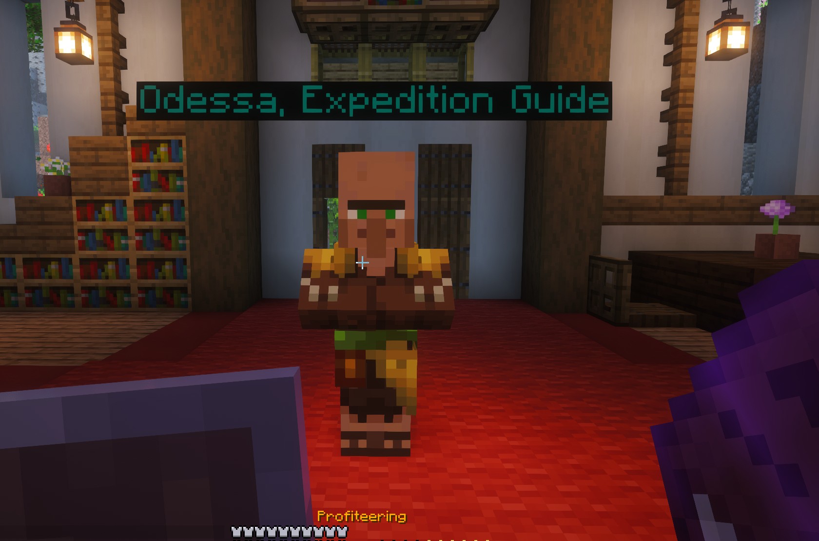 An expedition guide villager at the guild, with a profiteering book held in hand