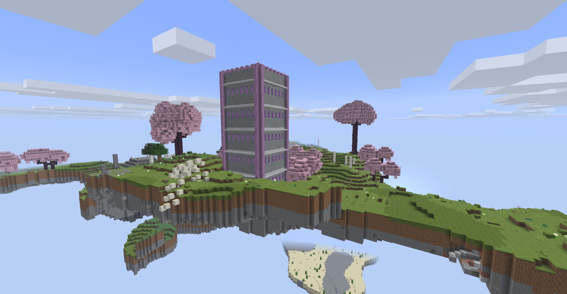Floating cherry-blossom islands and a purpur spire tower in the PetalMC Aether